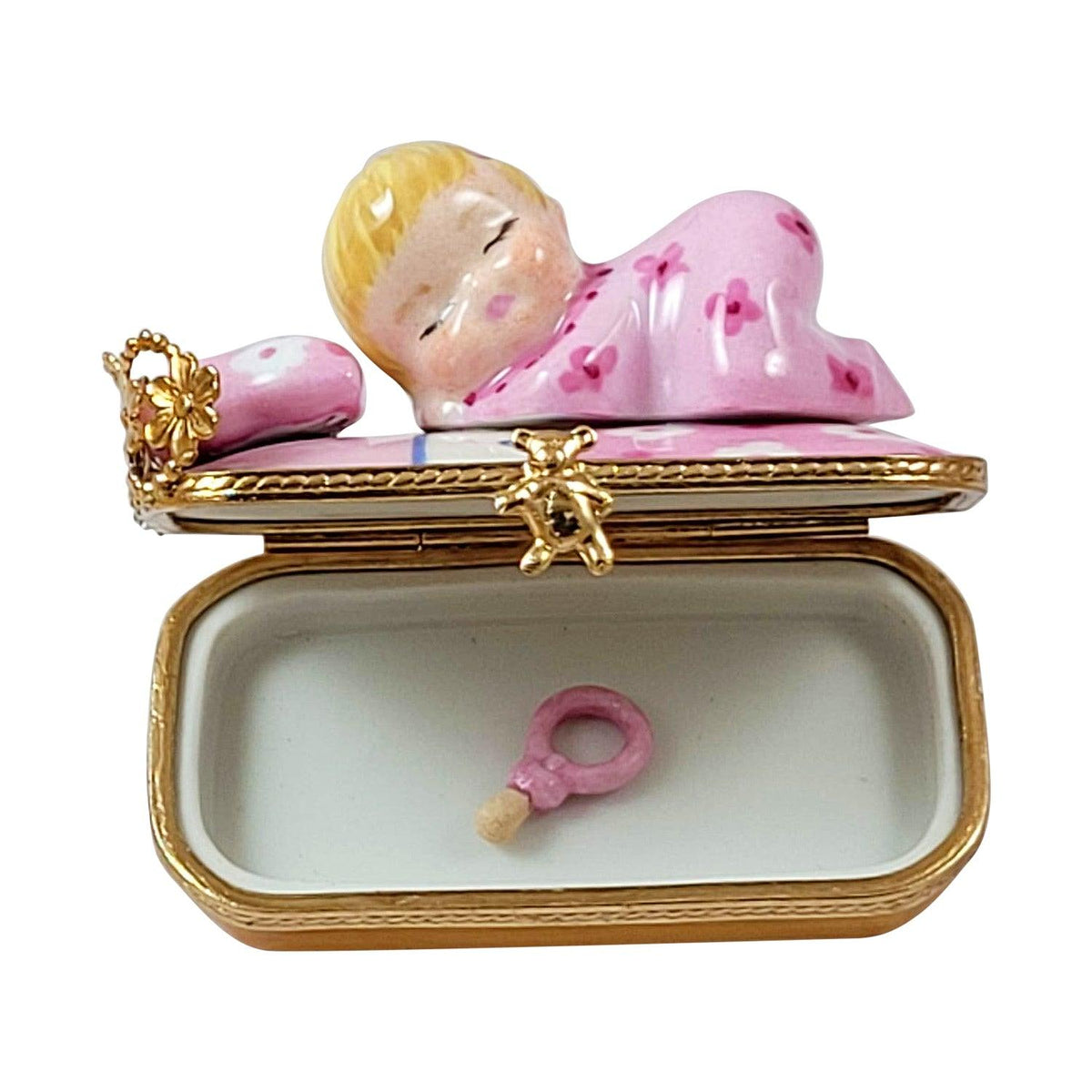 Baby in Pink Bed w Porcelain Pacifier Figurine Baby Limoges Box Gift, view 2
