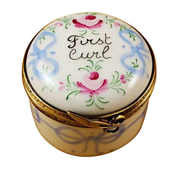 Round Blue First Curl Limoges Box Baby Keepsake Gift, a hand-painted Limoges porcelain gift