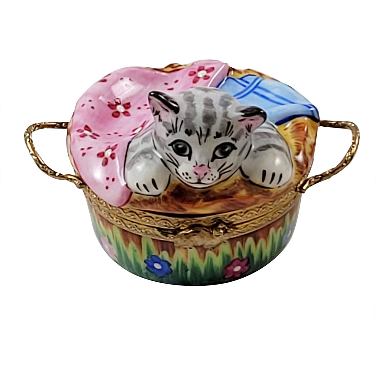 Kitten in Basket Limoges Box for Cat Lovers, a hand-painted Limoges porcelain gift