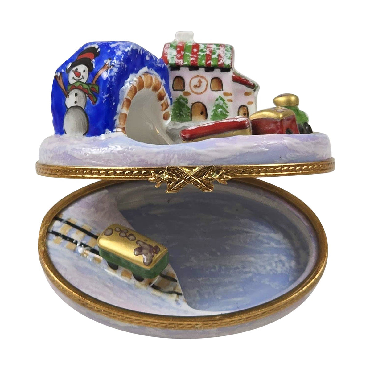 Train in Mountain Snow Village Limoges Box for Collectors, view 2