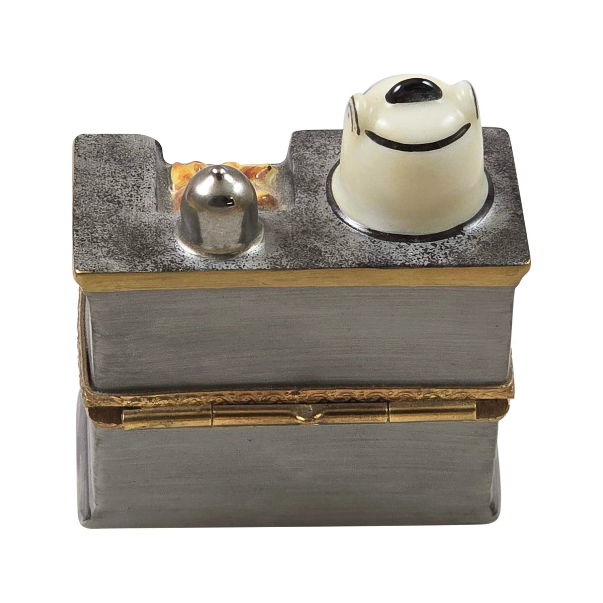 Antique Oldtime Stove Limoges box opened to show the inside, a keepsake to tuck a treasure in