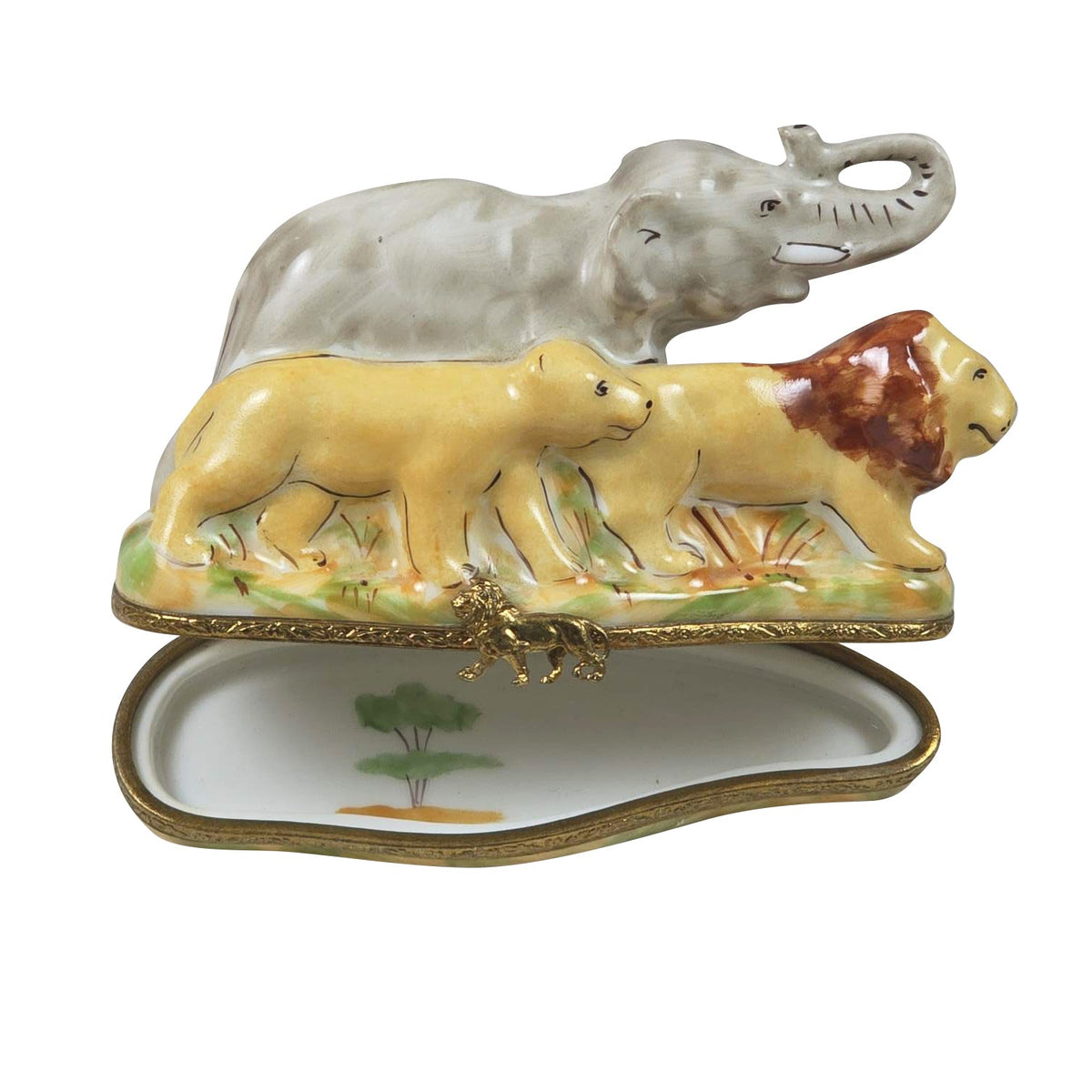 African Animals Limoges box opened to show the inside, a keepsake to tuck a treasure in