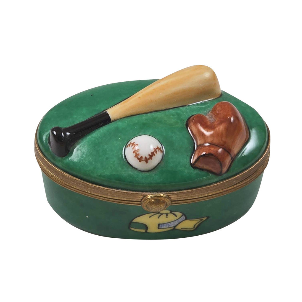 Baseball on Green Oval Limoges Box for Sports Fans, a hand-painted Limoges porcelain gift