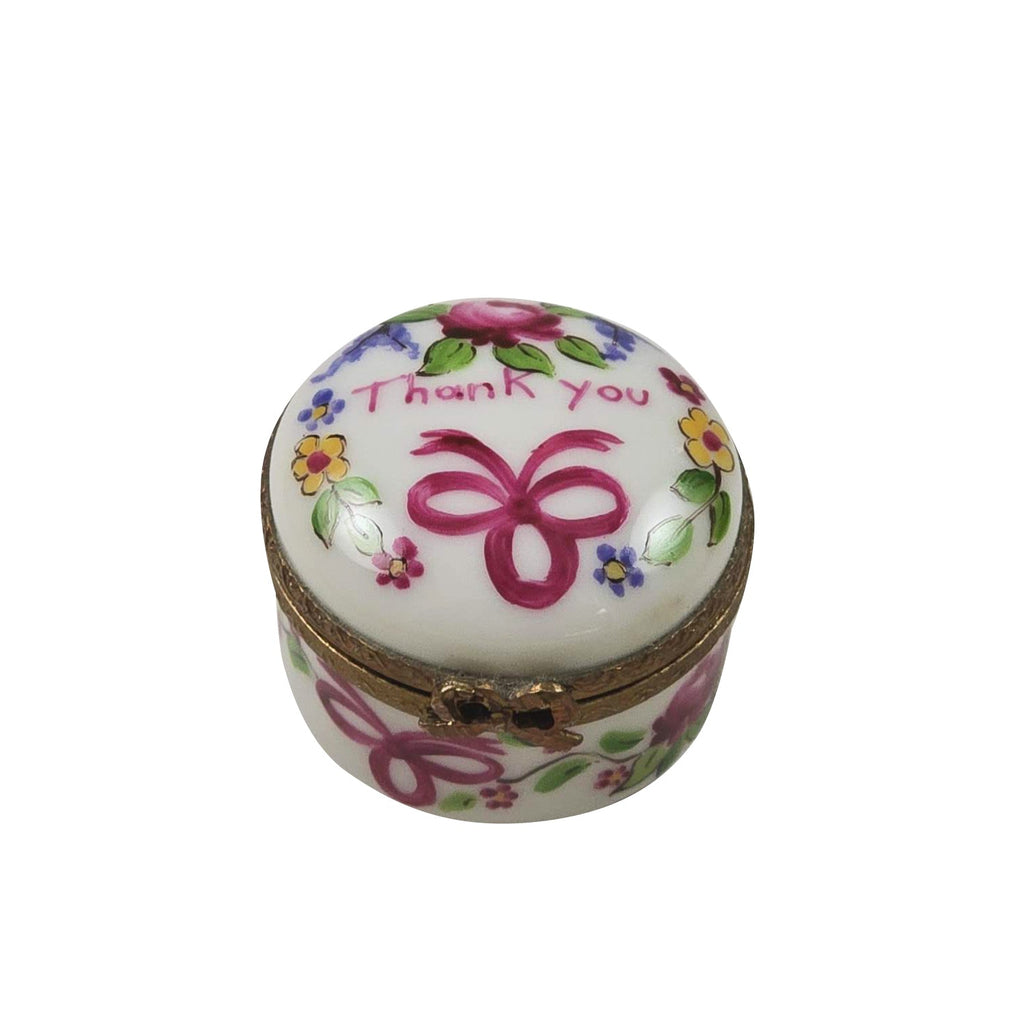 Thank You Round Limoges Box for Gifts, a hand-painted Limoges porcelain gift