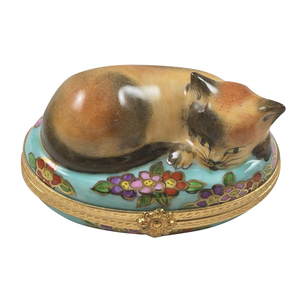 Cat on Blue Floral Oval Limoges Box, a hand-painted Limoges porcelain gift