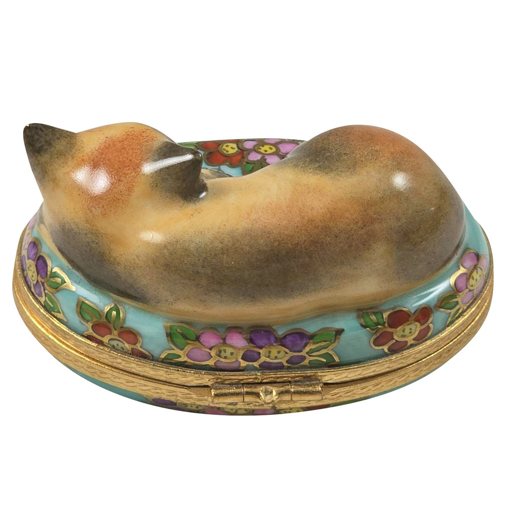 Cat on Blue Floral Oval Limoges Box, view 3