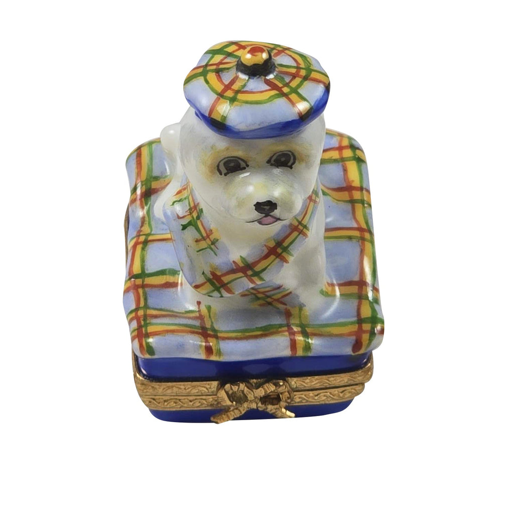 West Highland Terrier with Beret Scarf Limoges Box, a hand-painted Limoges porcelain gift