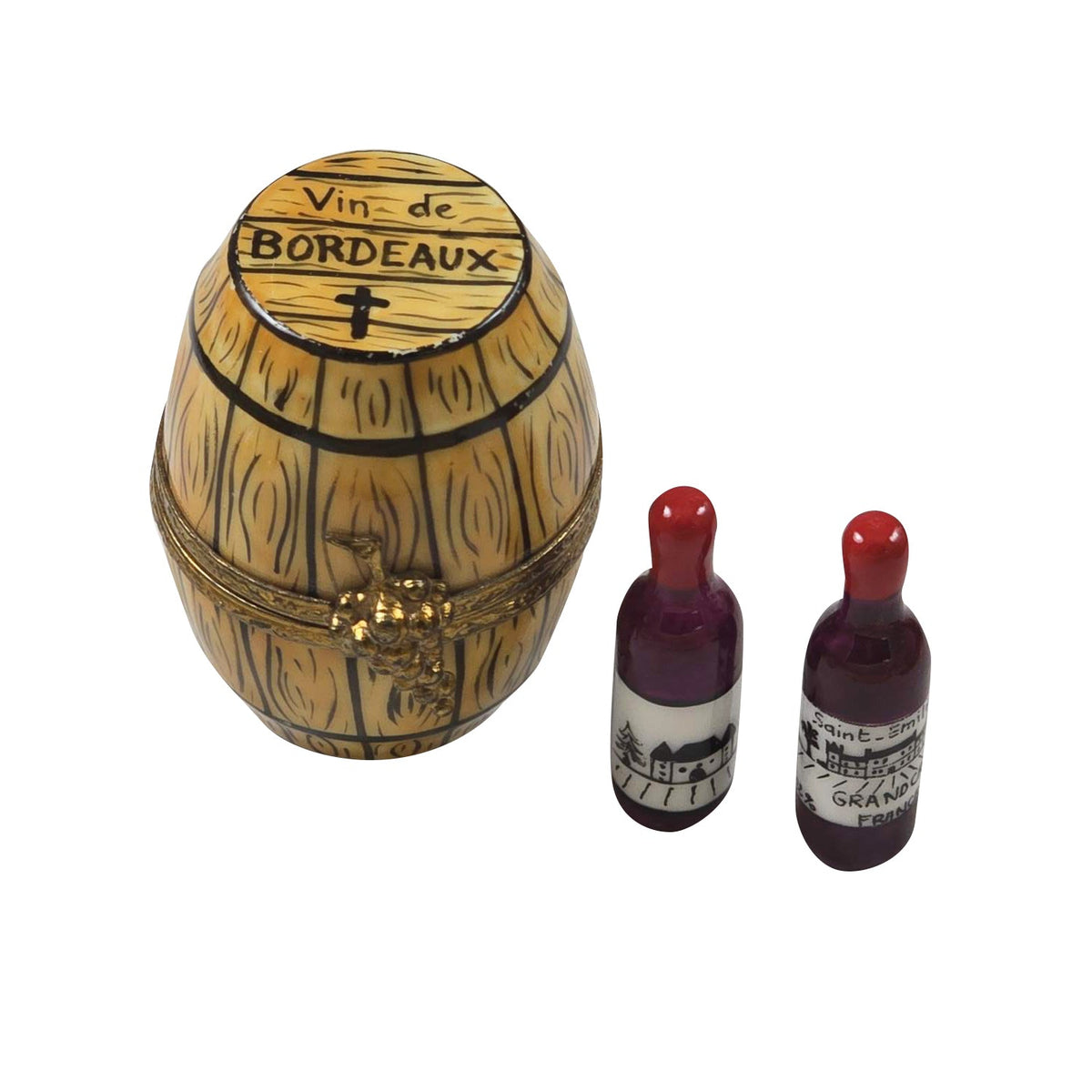 Bordeaux Wine Barrel with Two Bottles, a hand-painted Limoges porcelain gift
