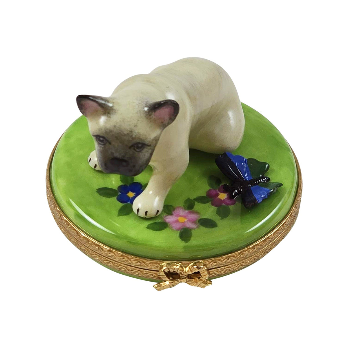 Rochard French Bulldog Limoges Trinket Box with Butterfly, a hand-painted Limoges porcelain gift