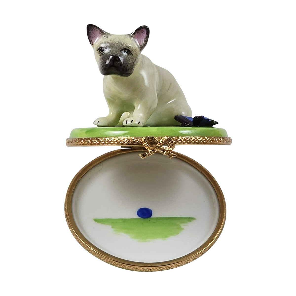 Rochard French Bulldog Limoges Trinket Box with Butterfly, view 2