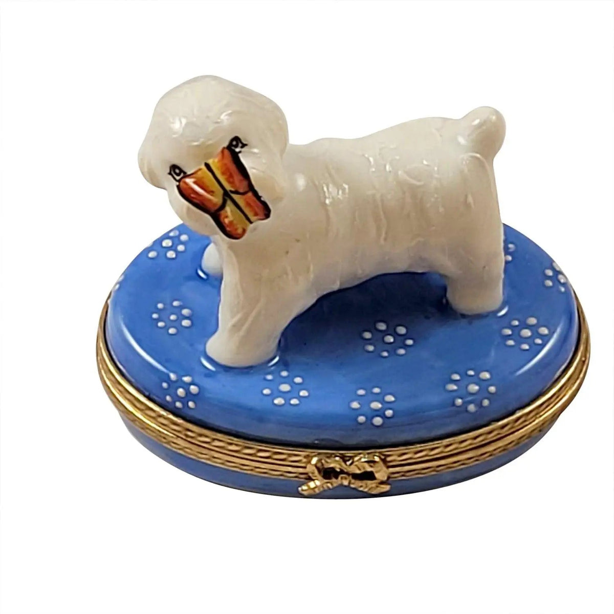 Bichon Frise Dog w Butterfly Limoges Box, a hand-painted Limoges porcelain gift