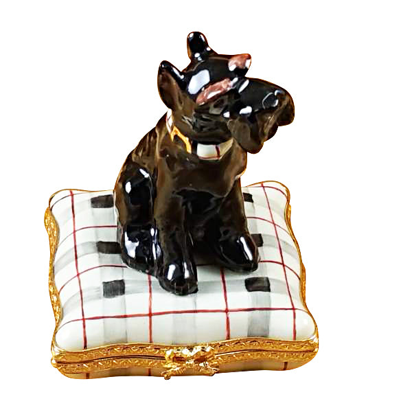 Schnauzer on Plaid Pillow Limoges Box for Dog Lovers, a hand-painted Limoges porcelain gift