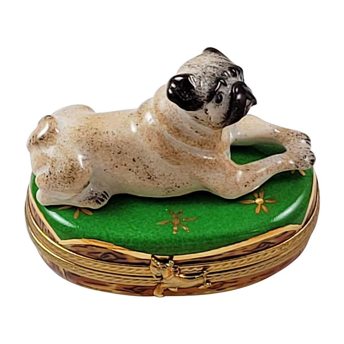 French Bulldog on Green Limoges Box, a hand-painted Limoges porcelain gift