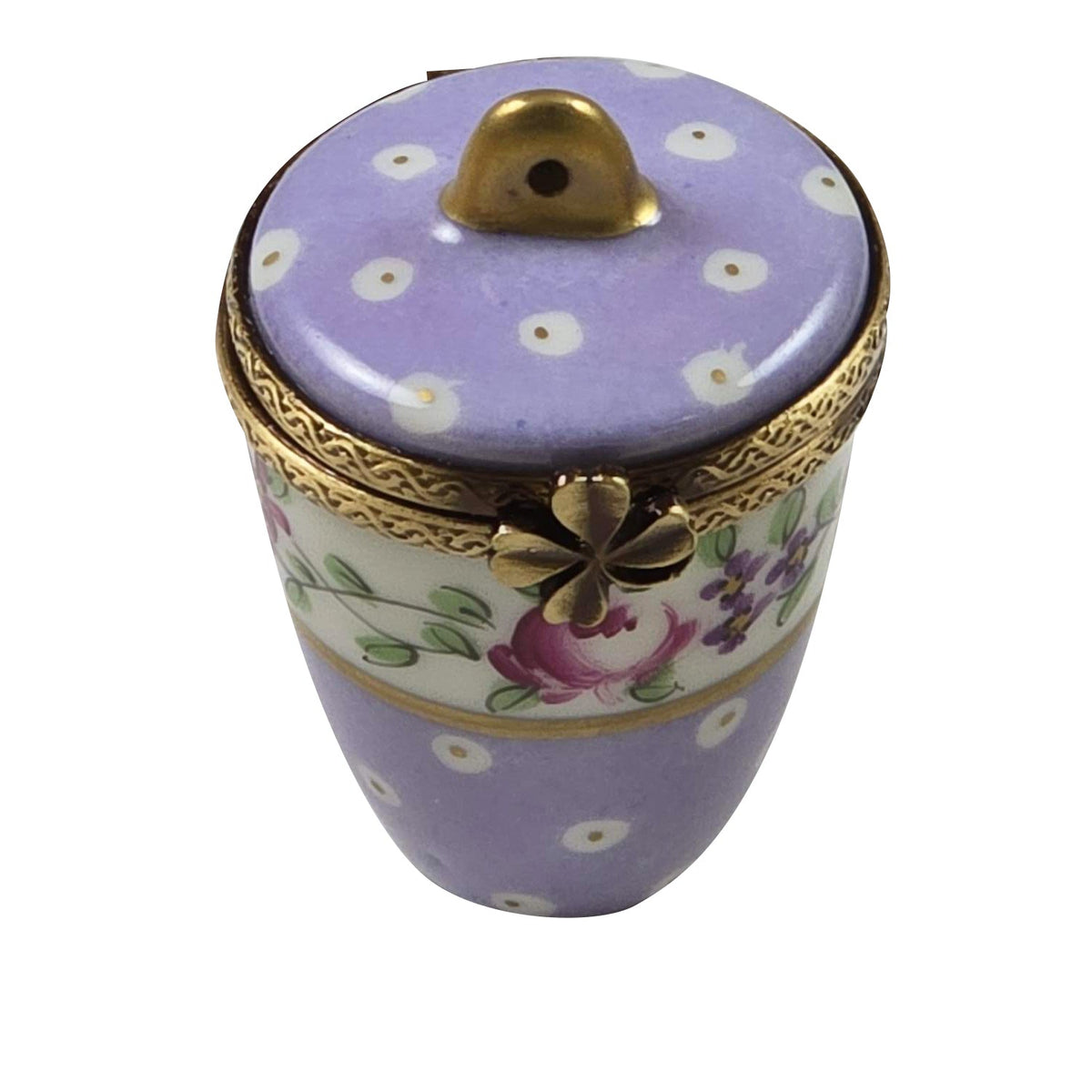 Light Purple Gold Dot Jar Low Lid, a hand-painted Limoges porcelain gift