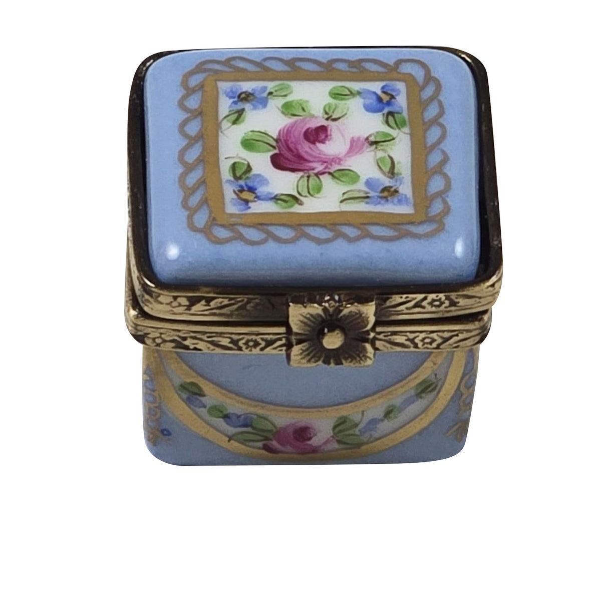Light Blue Rose & Gold Small Square, a hand-painted Limoges porcelain gift