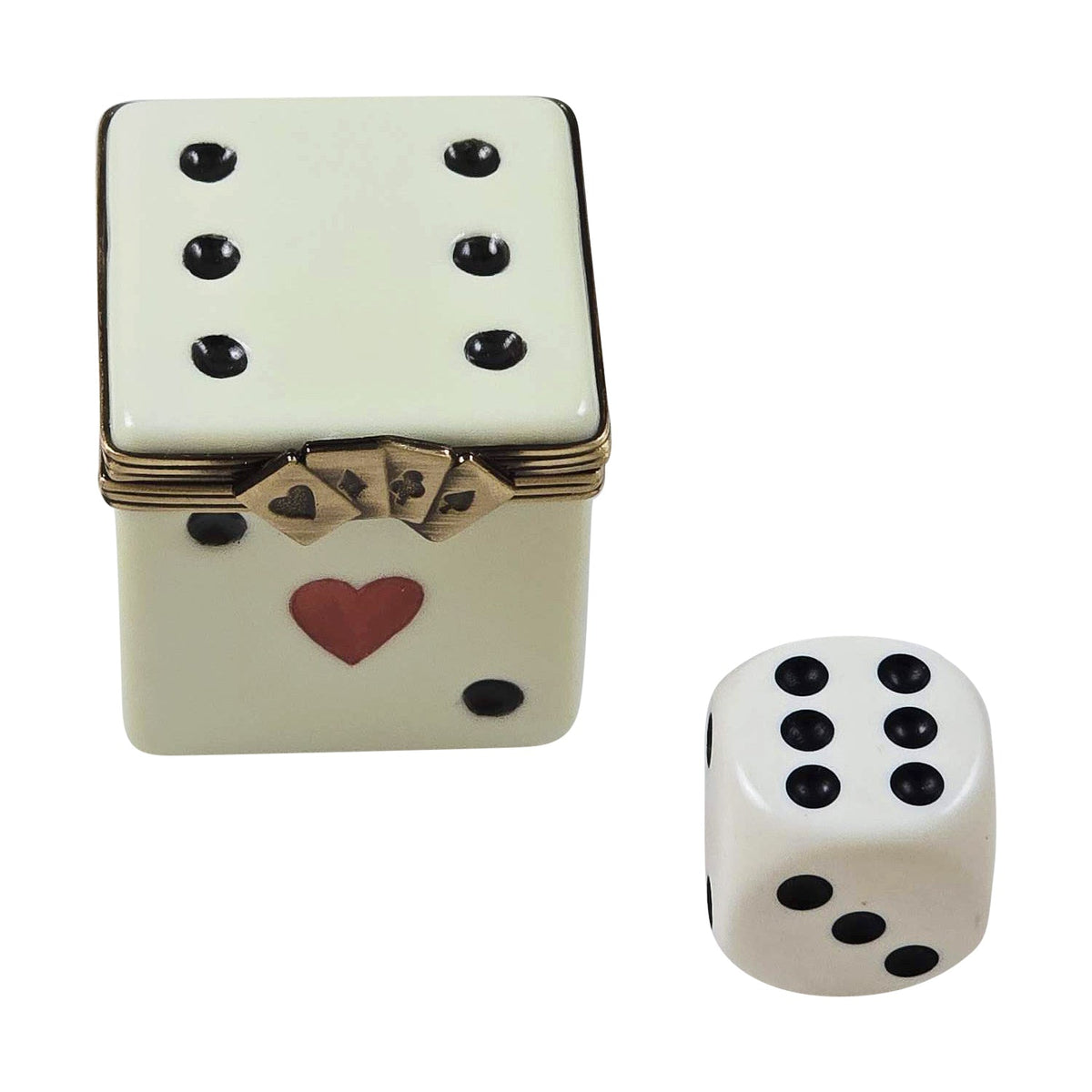 Limoges Dice Box with Removable Die Ace of Hrts, a hand-painted Limoges porcelain gift