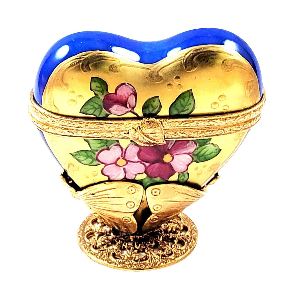 Blue Gold Heart on Butterfly Brass Stand Limoges Box, view 4