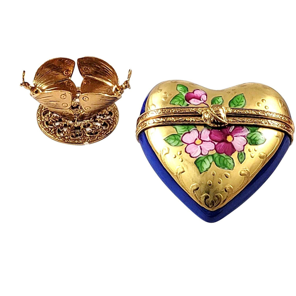 Blue Gold Heart on Butterfly Brass Stand Limoges Box, view 5