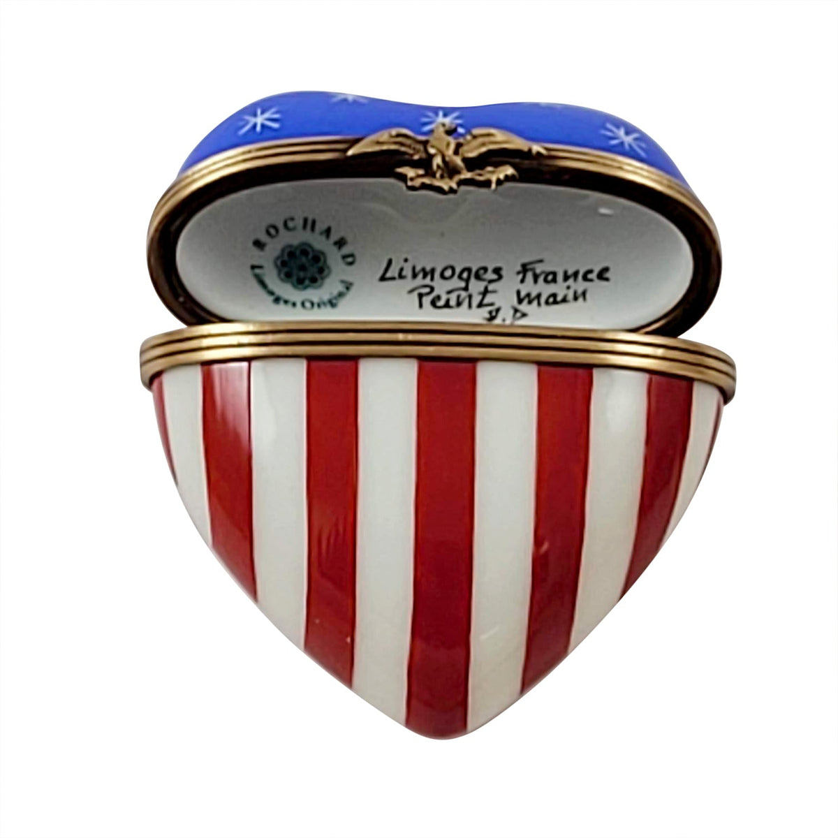 American Flag Heart Patriotic Limoges box opened to show the inside, a keepsake to tuck a treasure in