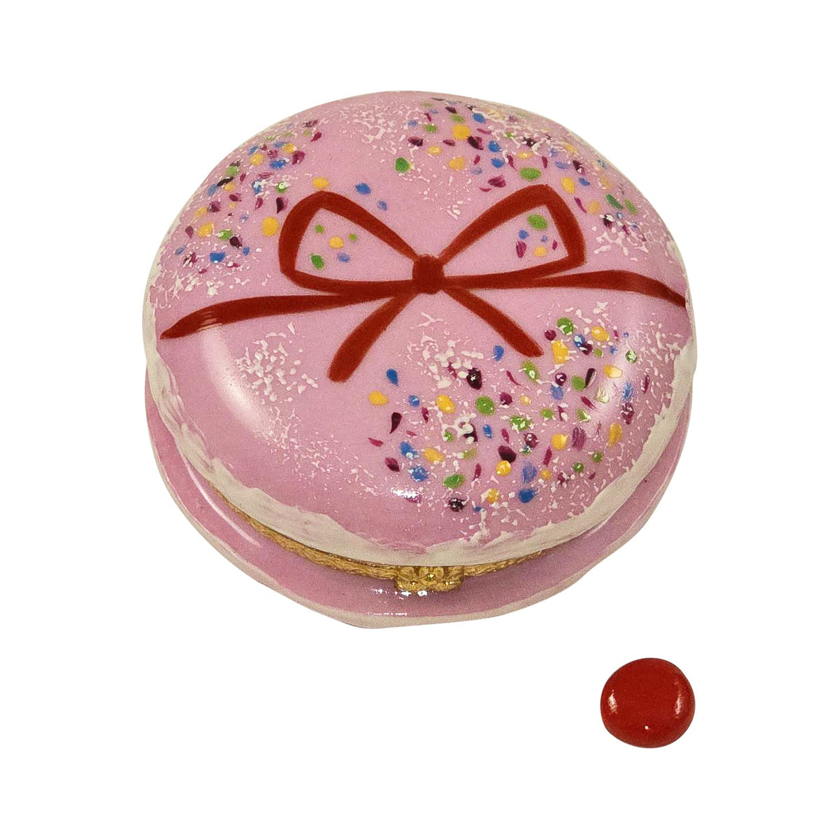 Pink Macaron with Sprinkles & Red Bow with Removable Red Macaron, a hand-painted Limoges porcelain gift