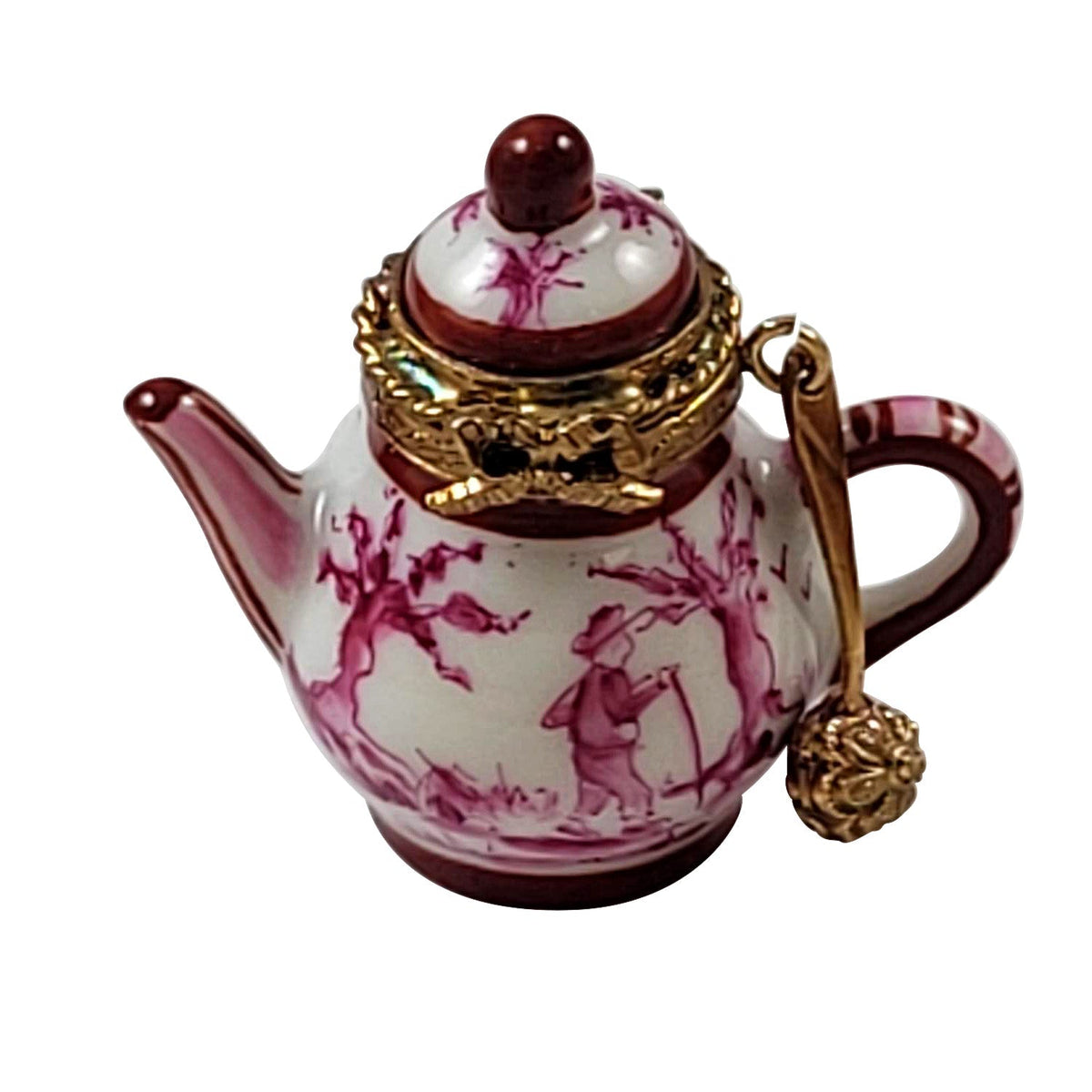Pink Toile Teapot Limoges Box for Tea Lovers, a hand-painted Limoges porcelain gift
