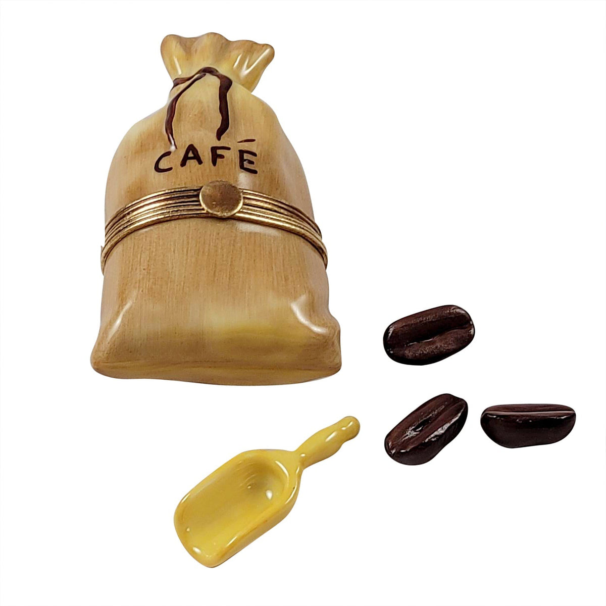 Coffee Sack w Scoop and Beans Limoges Box Gift for Collectors, a hand-painted Limoges porcelain gift