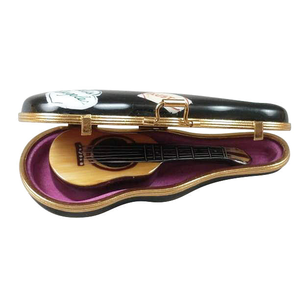 Acoustic Guitar Limoges box opened to show the inside, a keepsake to tuck a treasure in