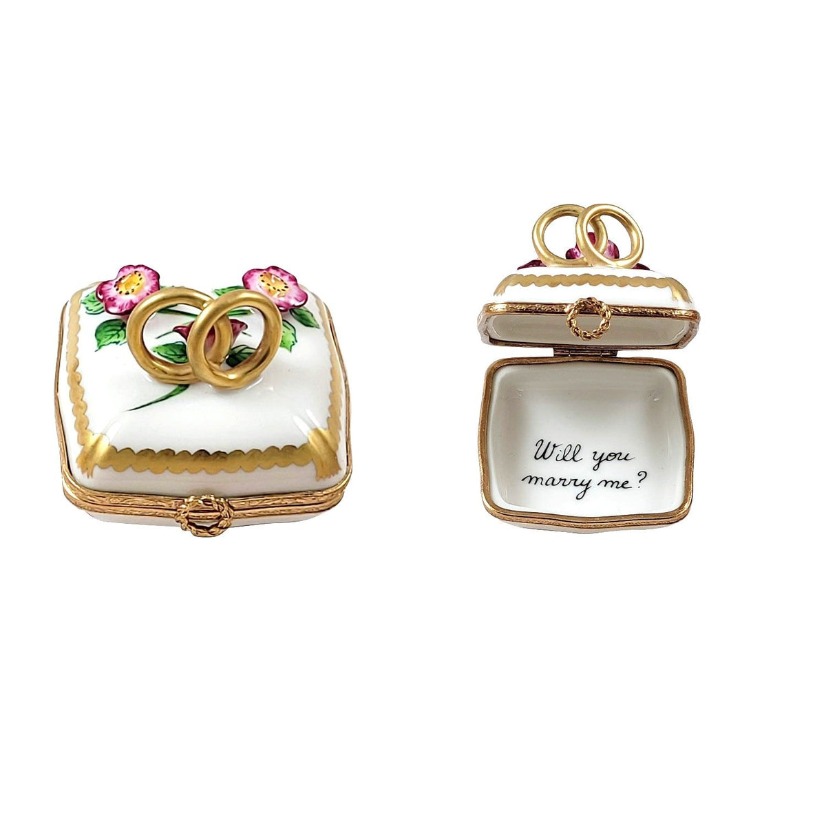 Painted details on the Will You Marry Me Ring Engagement Limoges box, French art in miniature