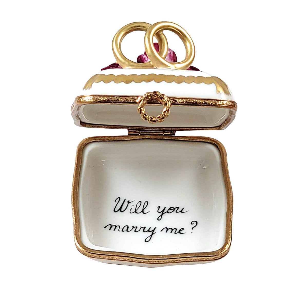 Will You Marry Me Ring Engagement Limoges box opened to show the inside, a keepsake to tuck a treasure in