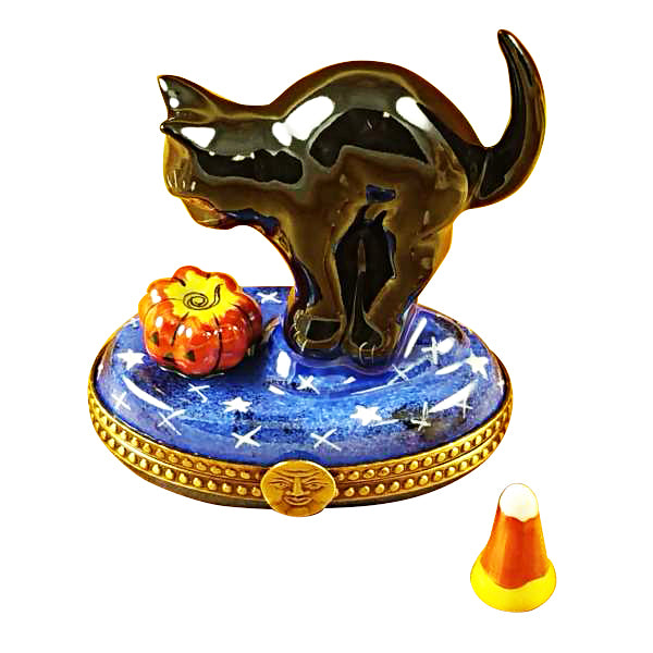 Black Cat Looking at Pumpkin with Candy Corn by Rochard, an authentic French Limoges box from Limoges Boutique