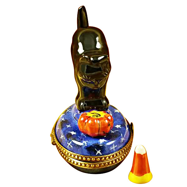 Profile of the Black Cat Looking at Pumpkin with Candy Corn Limoges box, showing its hand-painted detail