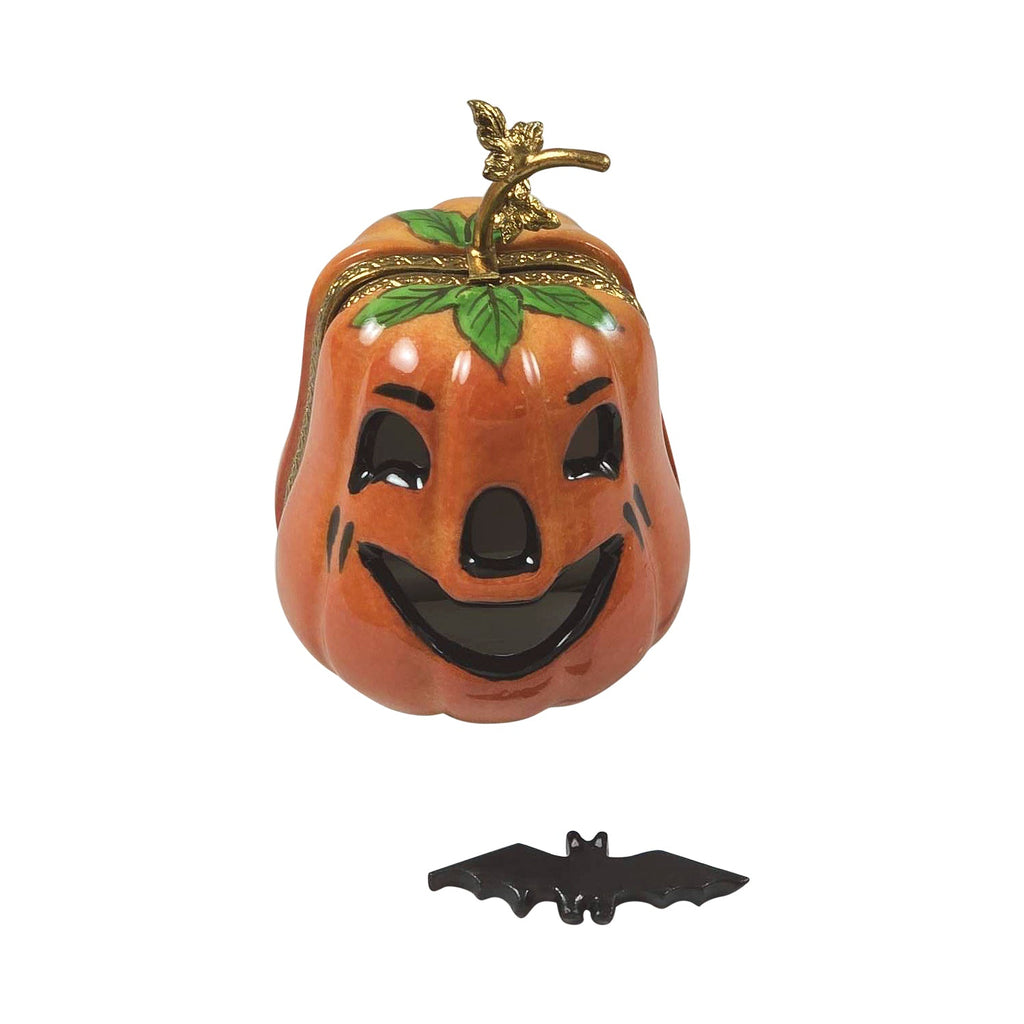 JackOLantern Pumpkin w Bat Trinket for Halloween Enthusiasts, a hand-painted Limoges porcelain gift