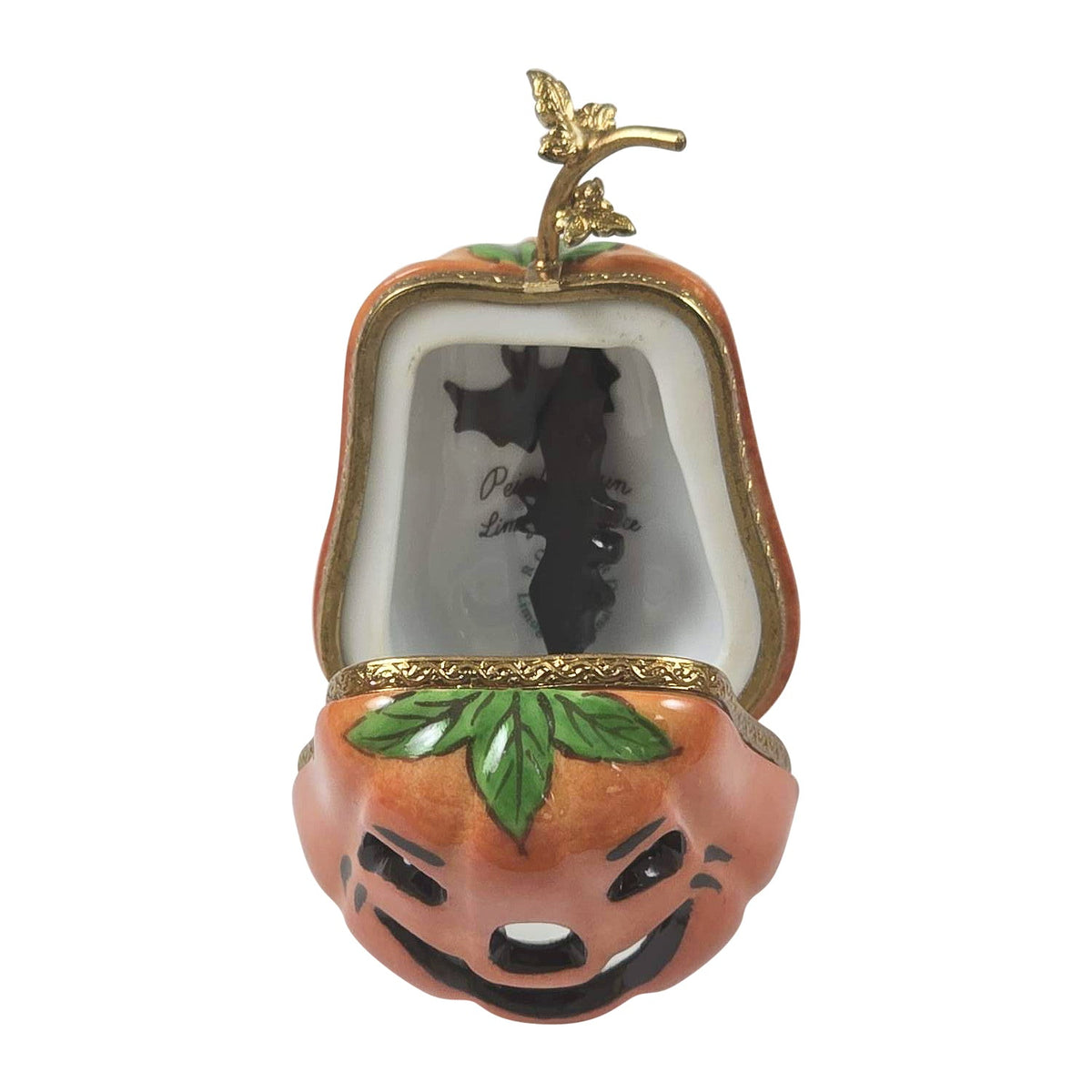 Jack-o'-Lantern Pumpkin with Bat Limoges box opened to show the inside, a keepsake to tuck a treasure in
