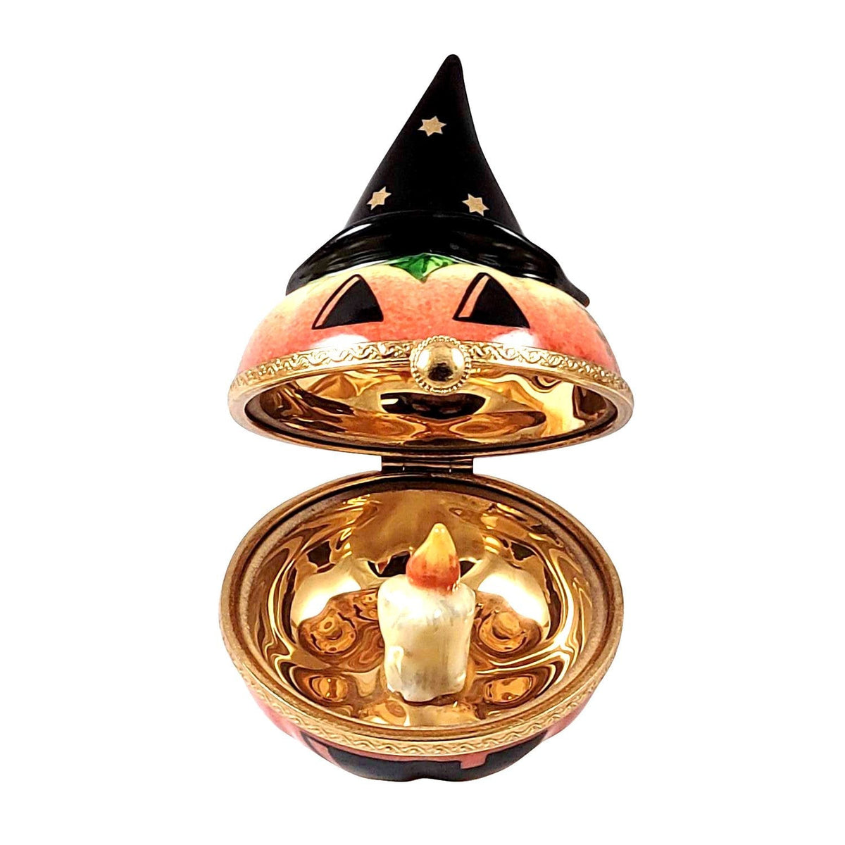 Jack O Lantern Pumpkin Witches Hat Halloween Limoges box opened to show the inside, a keepsake to tuck a treasure in