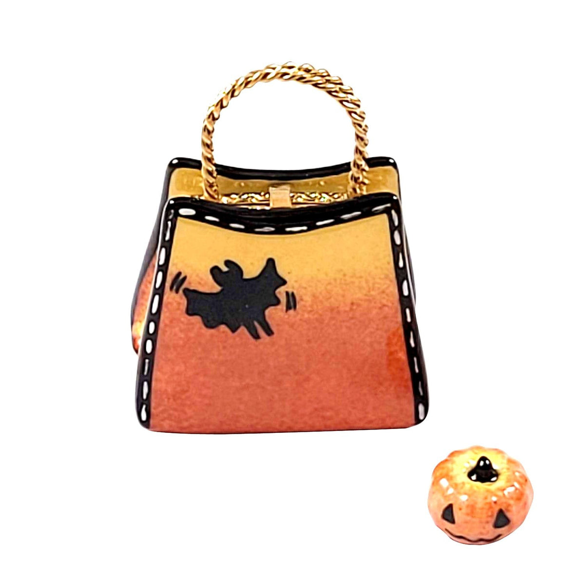 Reverse of the Trick or Treat Bag with Candy Pumpkin Charm Limoges box, painted all the way around