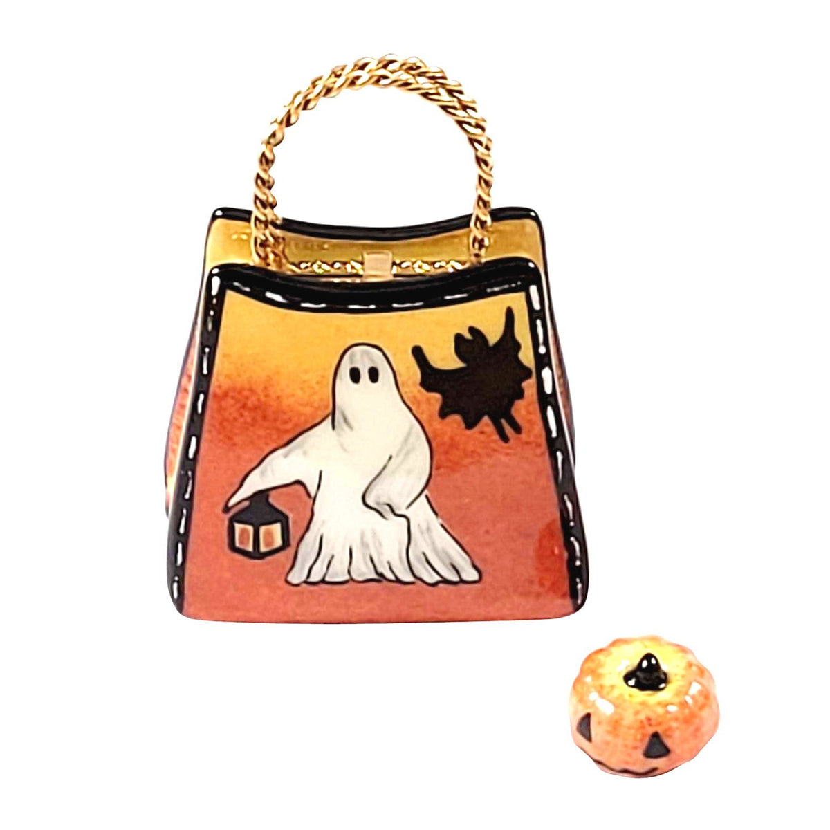 Authentic Rochard Trick or Treat Bag with Candy Pumpkin Charm Limoges box, hand-painted in France, from Limoges Boutique