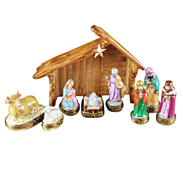 EightPiece Mini Hinged Nativity Porcelain Stable Limoges Box, a hand-painted Limoges porcelain gift