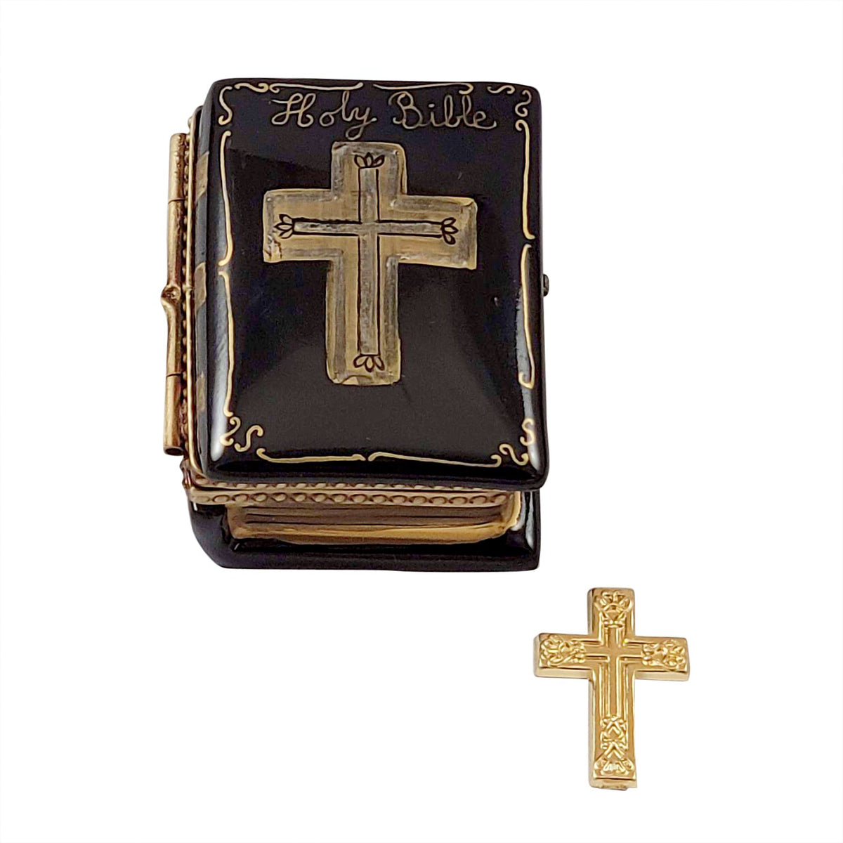 Black Bible with Removable Brass Cross Limoges Box, a hand-painted Limoges porcelain gift