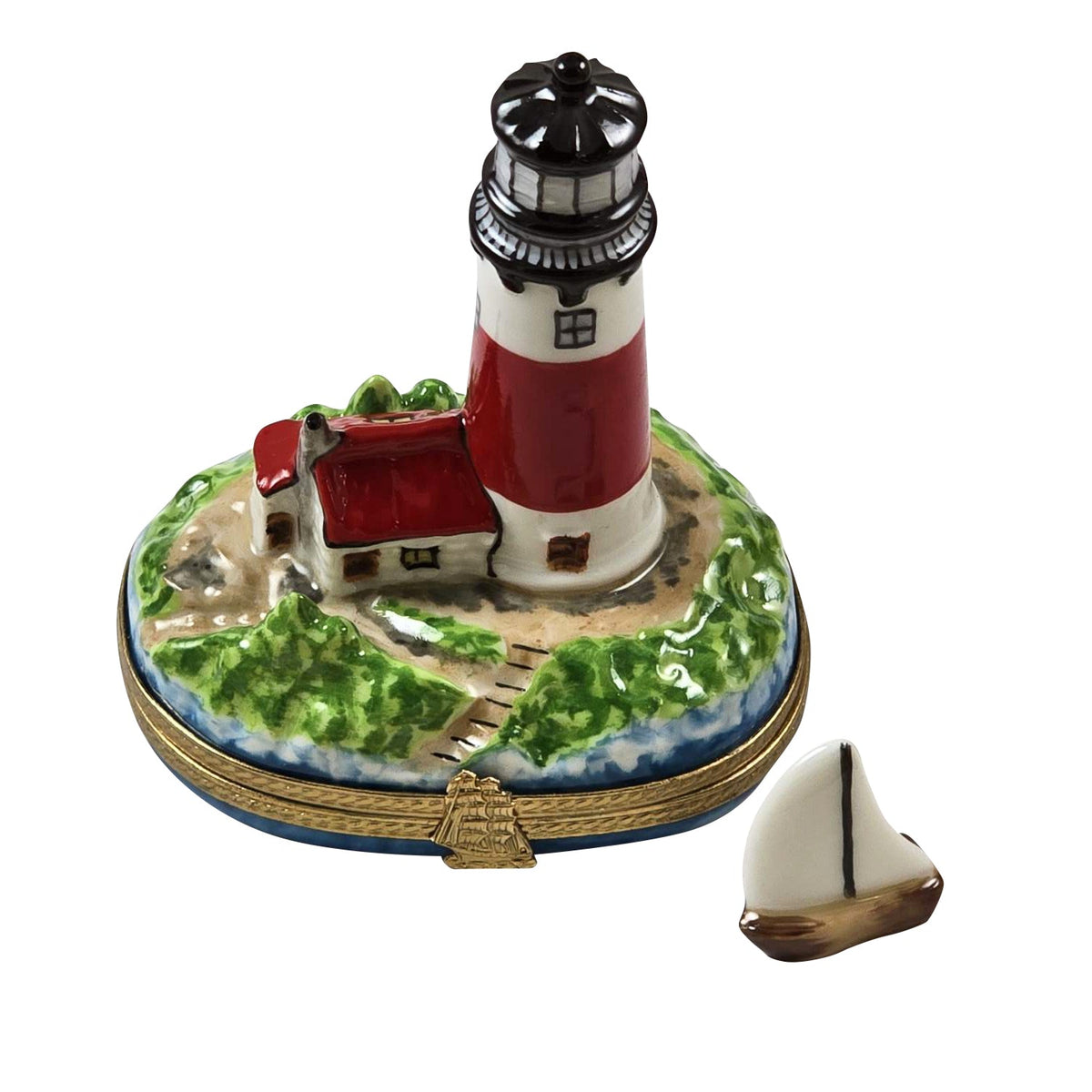 Lighthouse w Boat Nantucket Limoges Box, a hand-painted Limoges porcelain gift