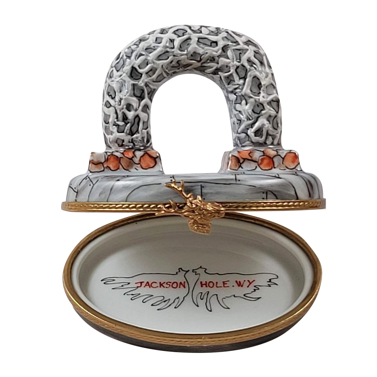 Antler Arch Jackson Hole WY Limoges box opened to show the inside, a keepsake to tuck a treasure in
