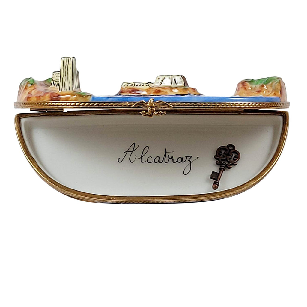 Alcatraz with Brass Key Limoges box opened to show the inside, a keepsake to tuck a treasure in