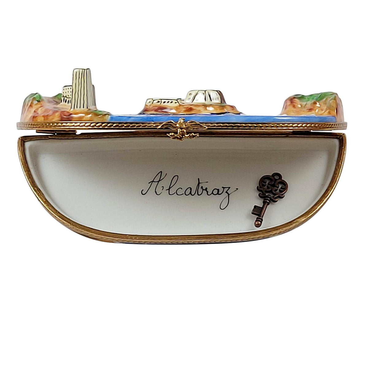 Alcatraz with Brass Key Limoges box opened to show the inside, a keepsake to tuck a treasure in