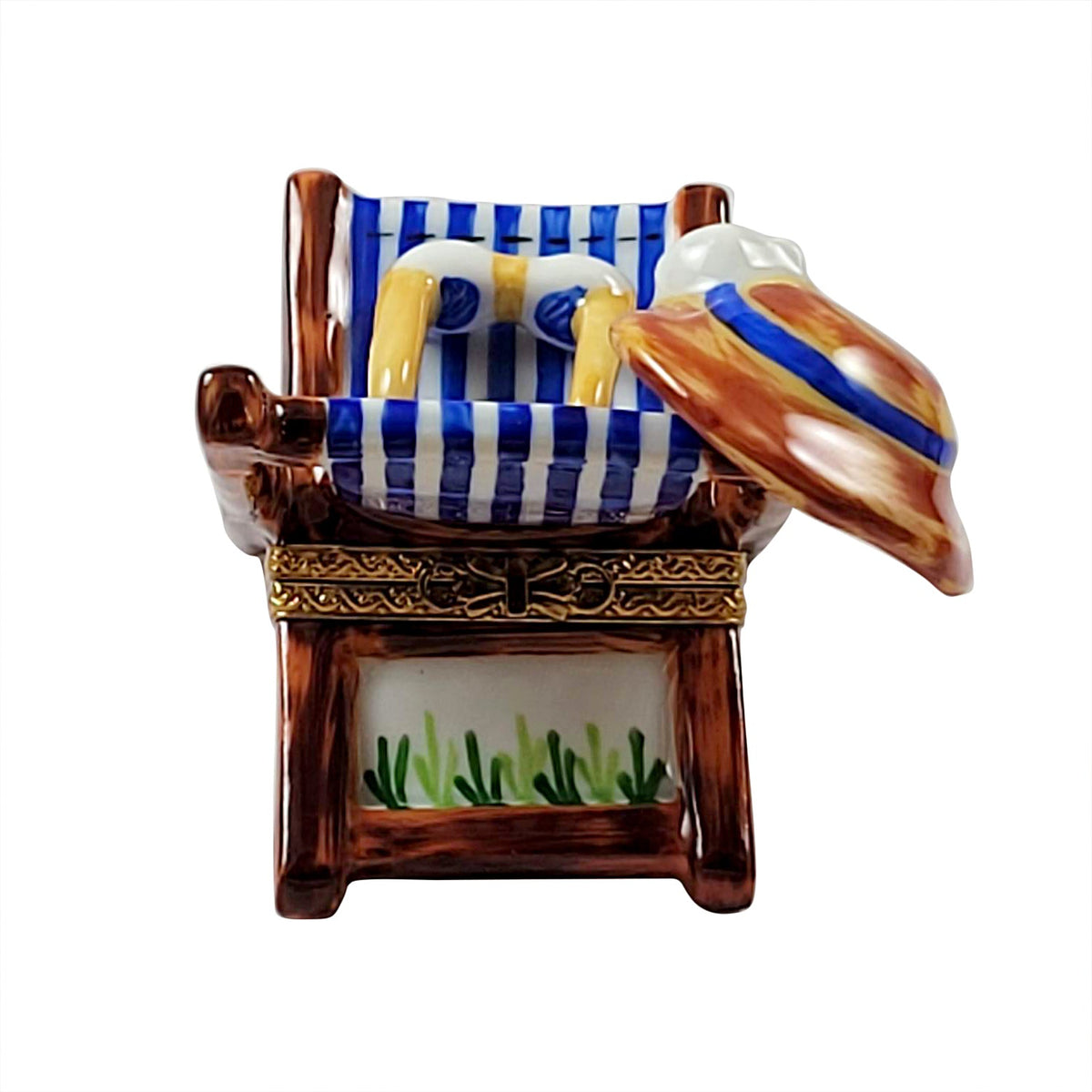 Reverse of the Adirondack Beach Chair with Hat & Sunglasses Limoges box, painted all the way around
