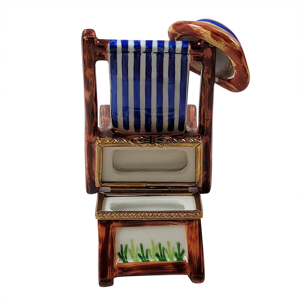 Adirondack Beach Chair with Hat & Sunglasses Limoges box opened to show the inside, a keepsake to tuck a treasure in