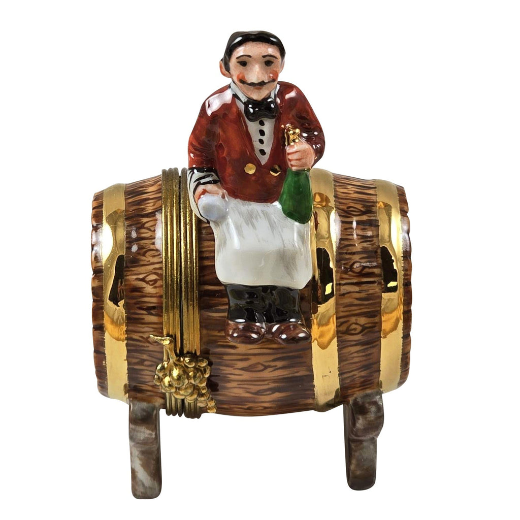 Sommelier Waiter on Wine Barrel Rochard Limoges Box, a hand-painted Limoges porcelain gift