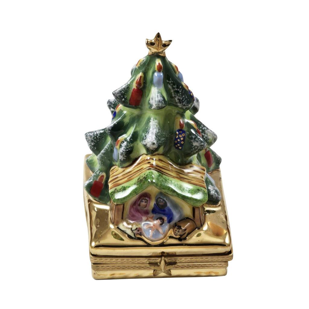 Christmas Tree w Manger Limoges Box, a hand-painted Limoges porcelain gift