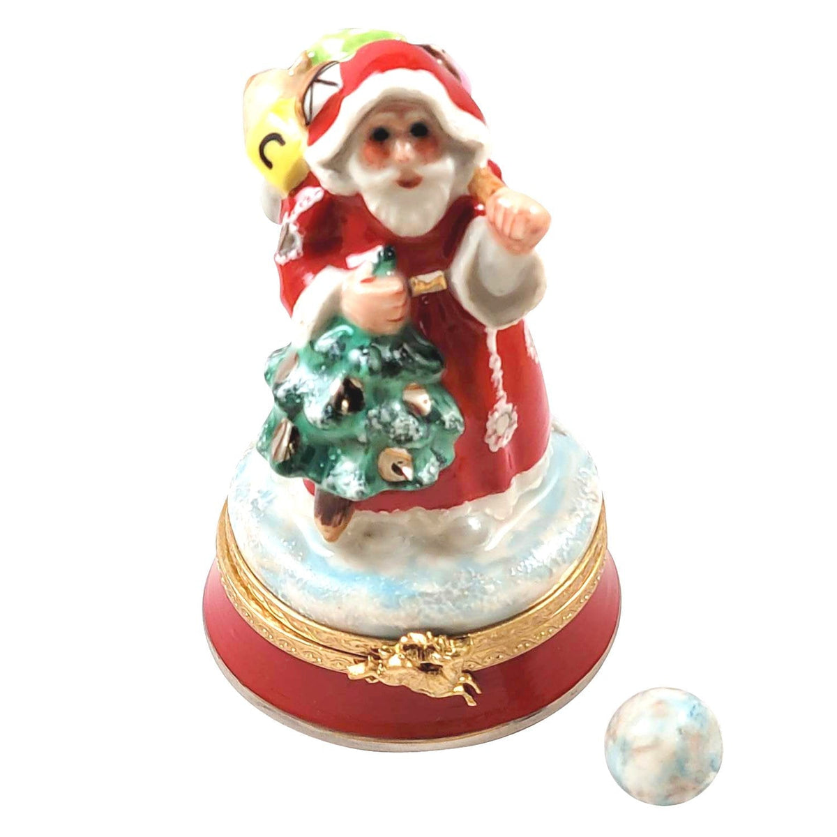 Santa on Round Base with Ball Limoges Box for Christmas, a hand-painted Limoges porcelain gift