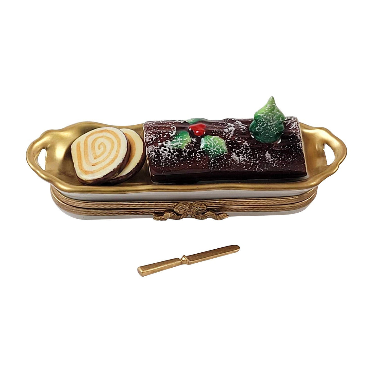 Buche de Noel w Removable Serving Knife Yule Log Limoges Box, a hand-painted Limoges porcelain gift