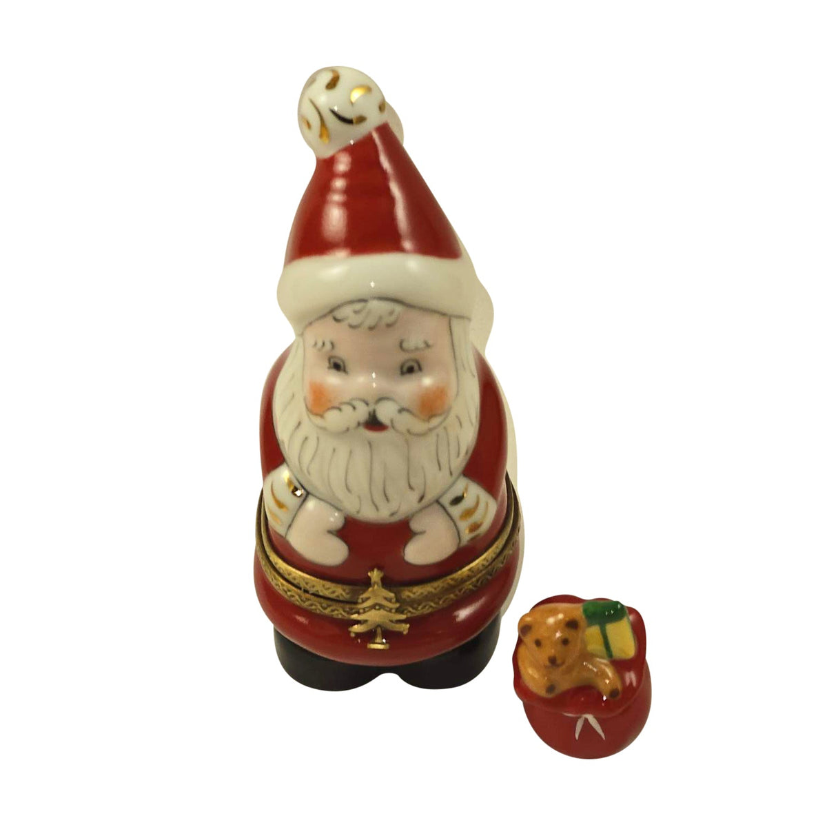Santa with Teddy Bear Gift Bag Limoges Box, a hand-painted Limoges porcelain gift