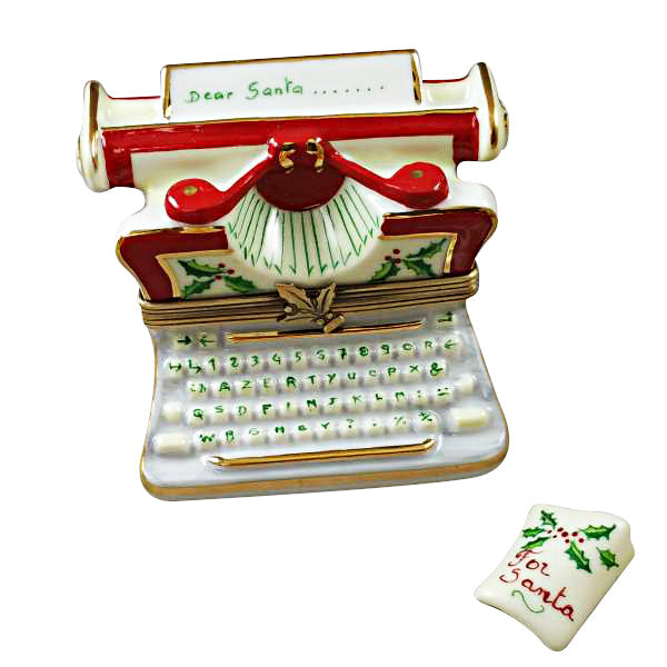 Christmas Typewriter with Letter Limoges Box Ornament, a hand-painted Limoges porcelain gift